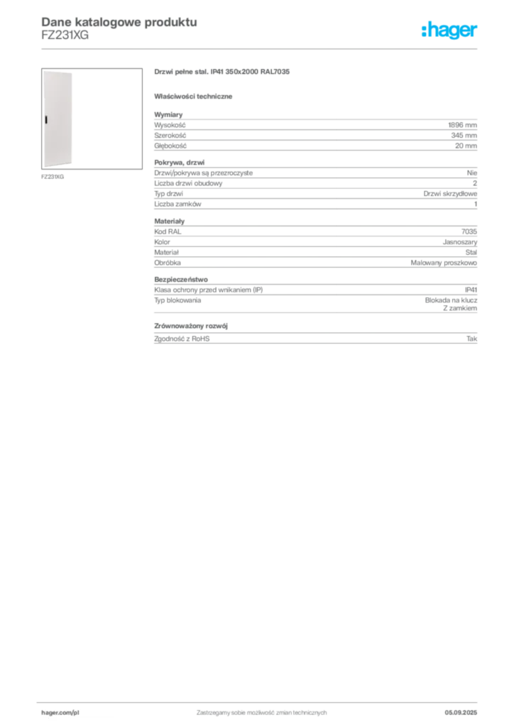 Zdjęcie Hager Dane katalogowe produktu FZ231XG | Hager Polska