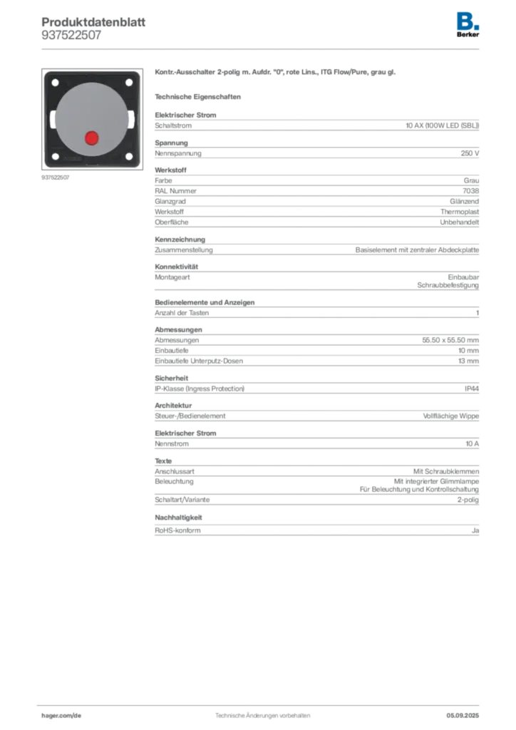 Bild Berker Produktdatenblatt 937522507 | Hager Deutschland