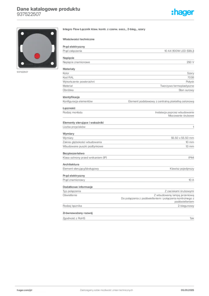 Zdjęcie Hager Dane katalogowe produktu 937522507 | Hager Polska