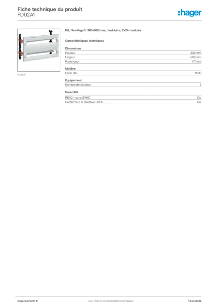 Image Hager Fiche technique du produit FD02A1 | Hager Afrique