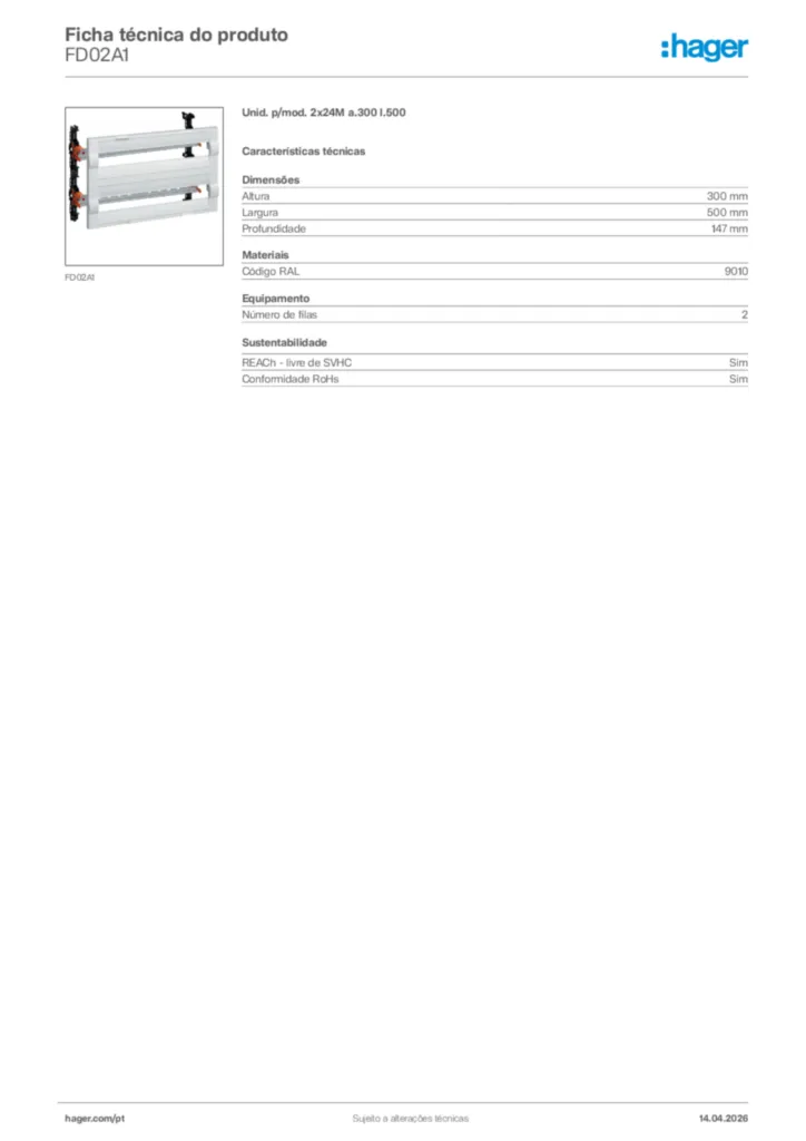 Imagem Hager Ficha técnica do produto FD02A1 | Hager Portugal