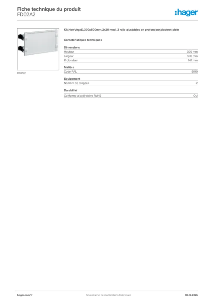 Image Hager Fiche technique du produit FD02A2 | Hager France