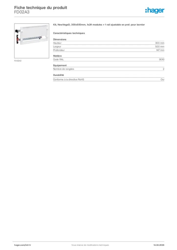 Image Hager Fiche technique du produit FD02A3 | Hager Afrique