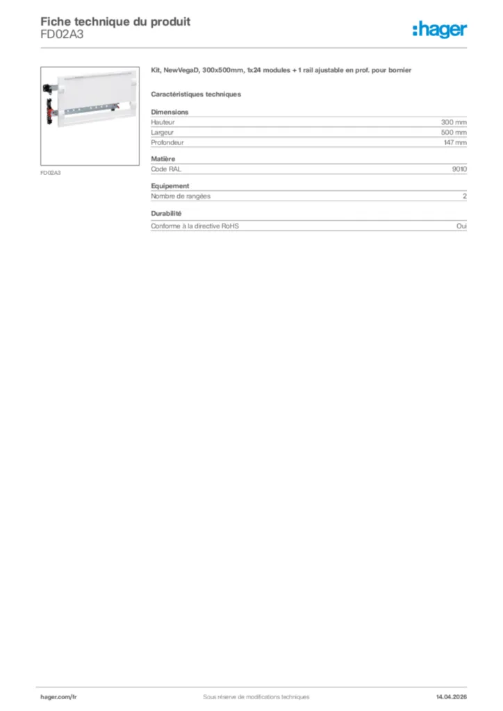 Image Hager Fiche technique du produit FD02A3 | Hager France
