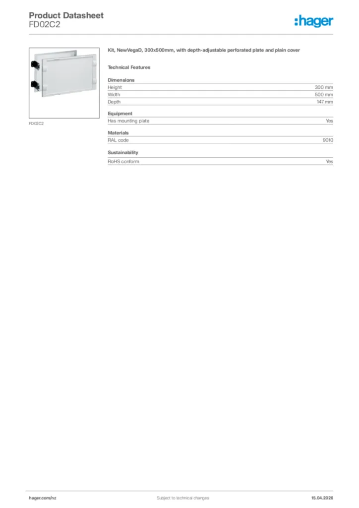 Image Hager Product data sheet FD02C2  | Hager New Zealand