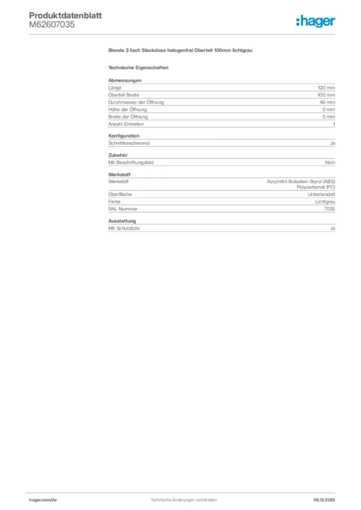 Bild Hager Produktdatenblatt M62607035 | Hager Deutschland