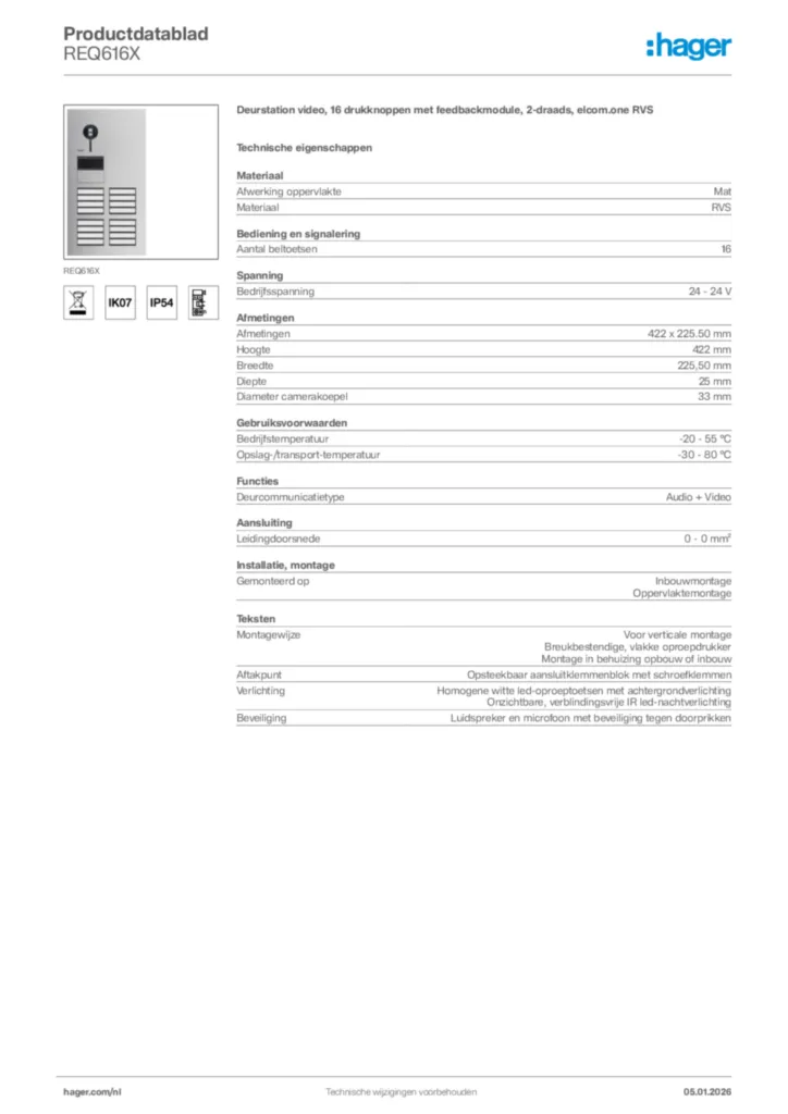 Afbeelding Hager Productdatablad REQ616X | Hager Nederland