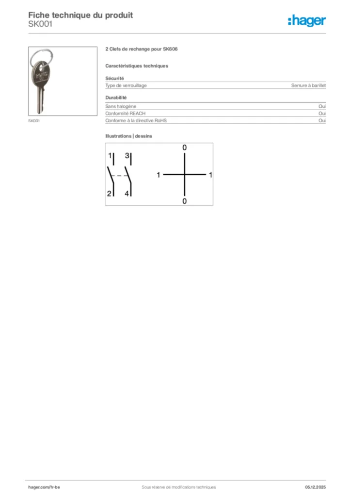 Image Hager Fiche technique du produit SK001 | Hager Belgique