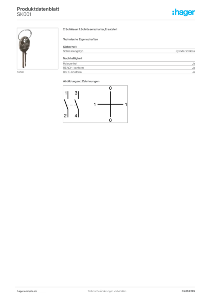 Bild Hager Produktdatenblatt SK001 | Hager Schweiz