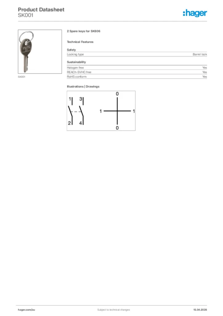 Image Hager Product data sheet SK001  | Hager Australia