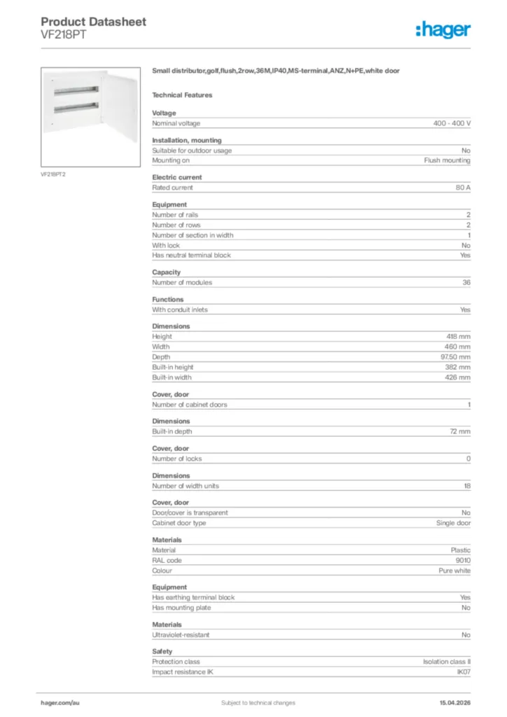 Image Hager Product data sheet VF218PT  | Hager Australia