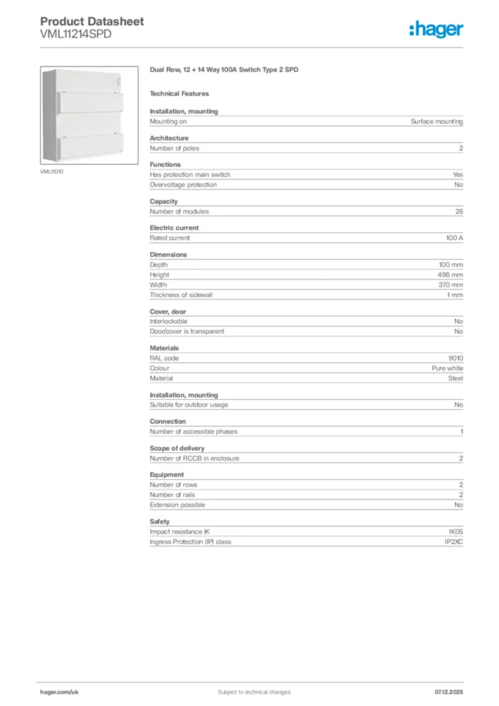 Image Hager Product data sheet VML11214SPD  | Hager