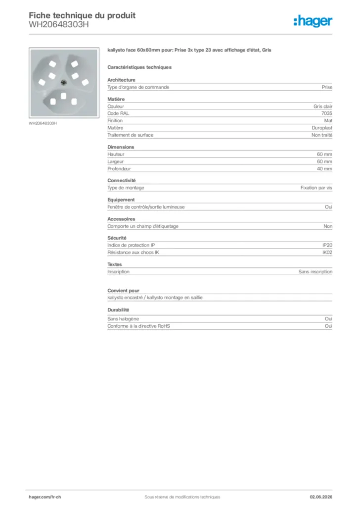 Image Hager Fiche technique du produit WH20648303H | Hager Suisse
