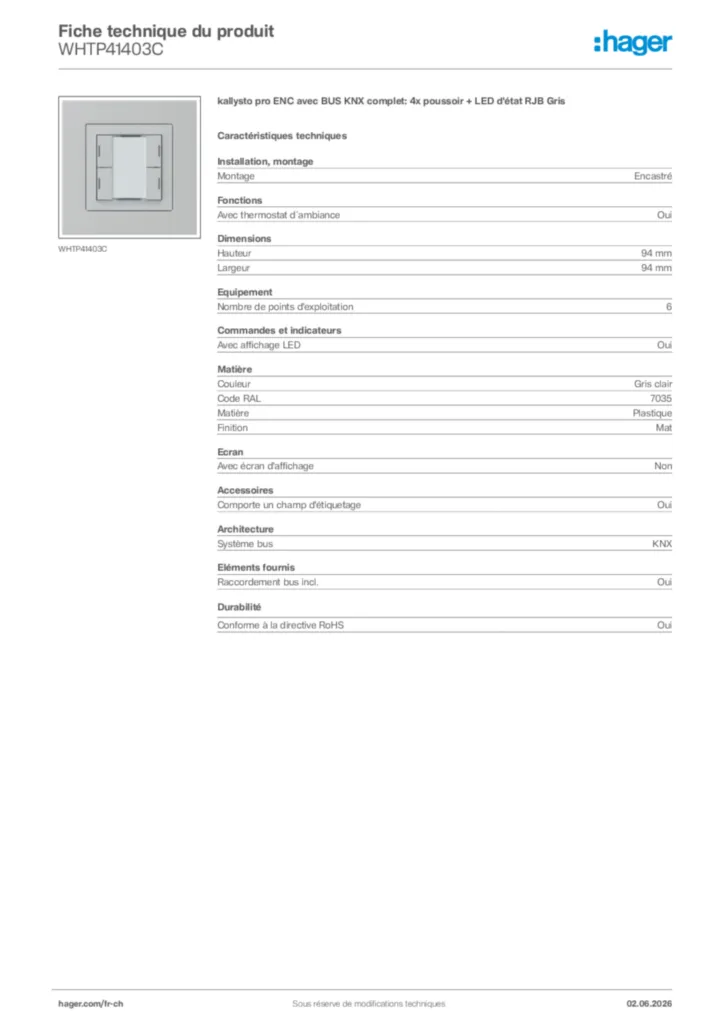 Image Hager Fiche technique du produit WHTP41403C | Hager Suisse