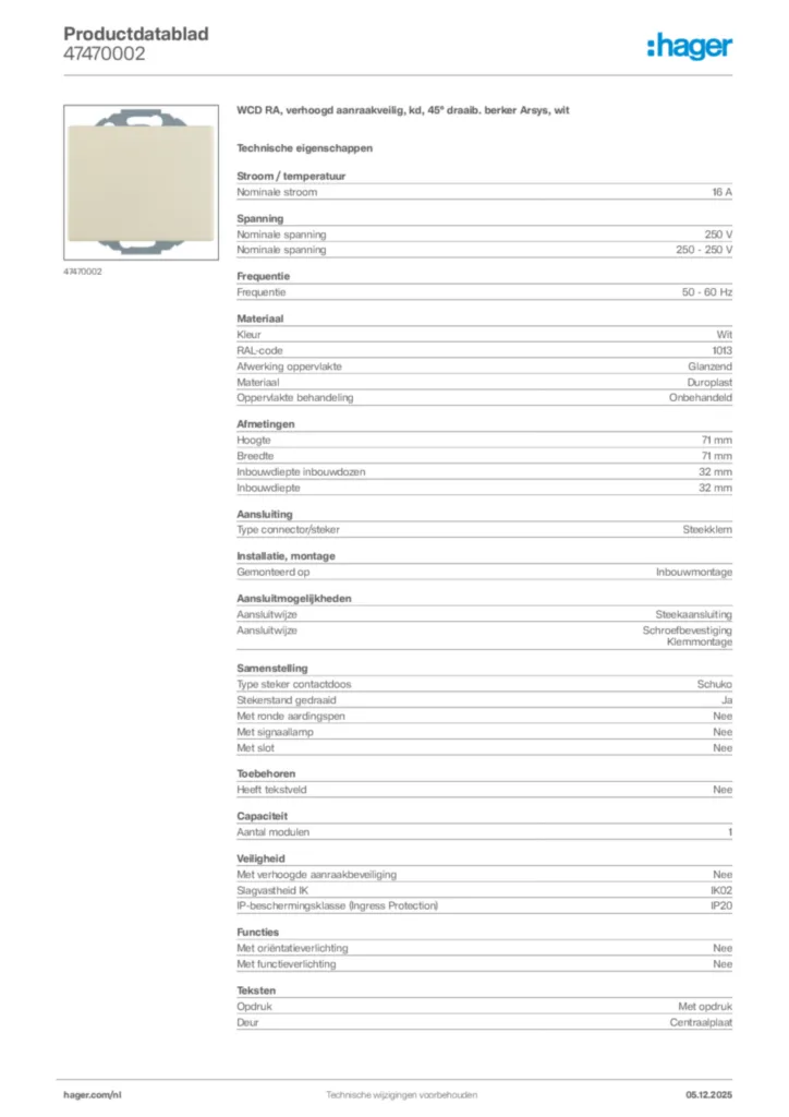 Afbeelding Hager Productdatablad 47470002 | Hager Nederland