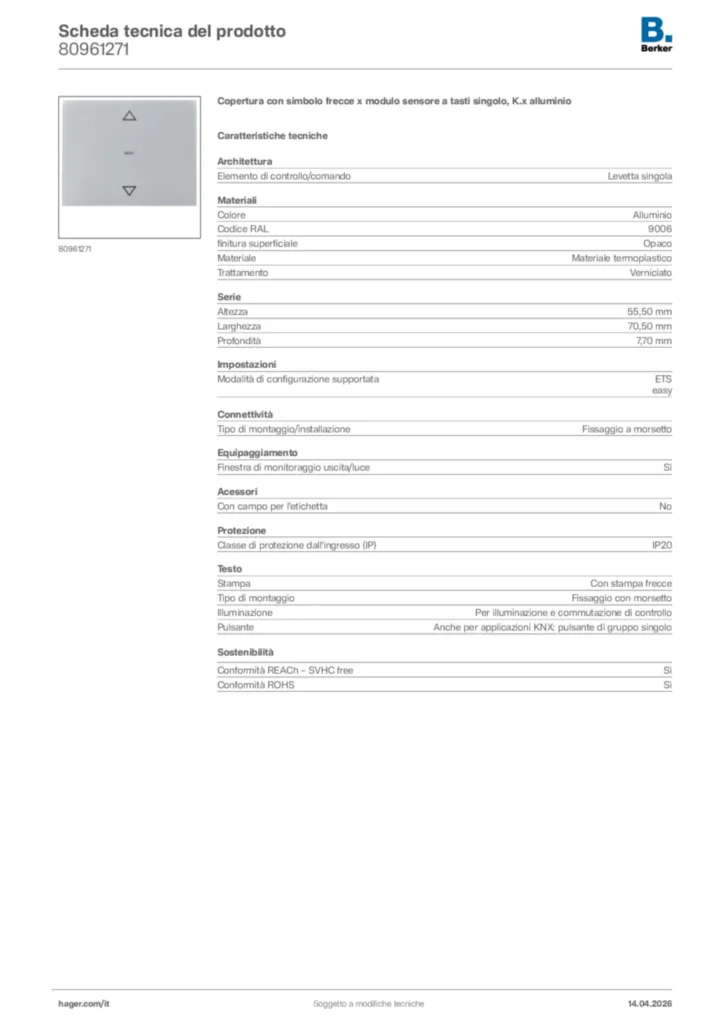 Immagine Berker Scheda tecnica del prodotto 80961271 | Hager Italia