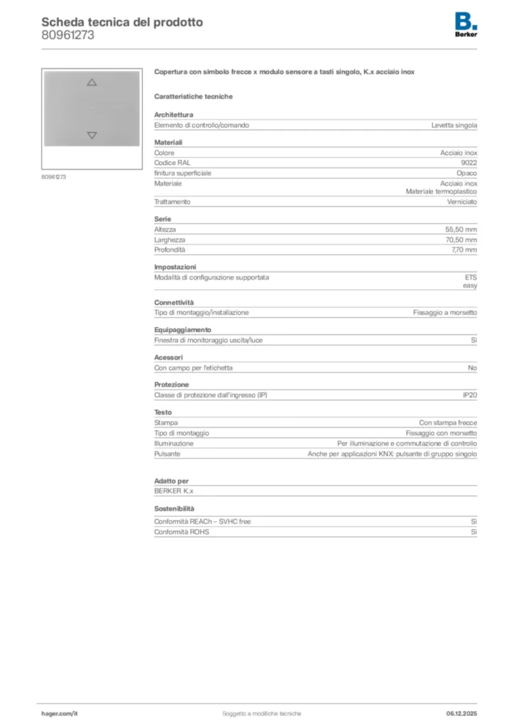 Immagine Berker Scheda tecnica del prodotto 80961273 | Hager Italia