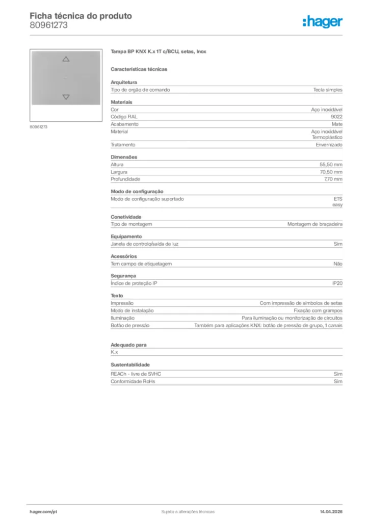 Imagem Hager Ficha técnica do produto 80961273 | Hager Portugal