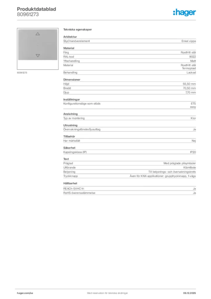 Bild Hager Produktdatablad 80961273 | Hager Sverige