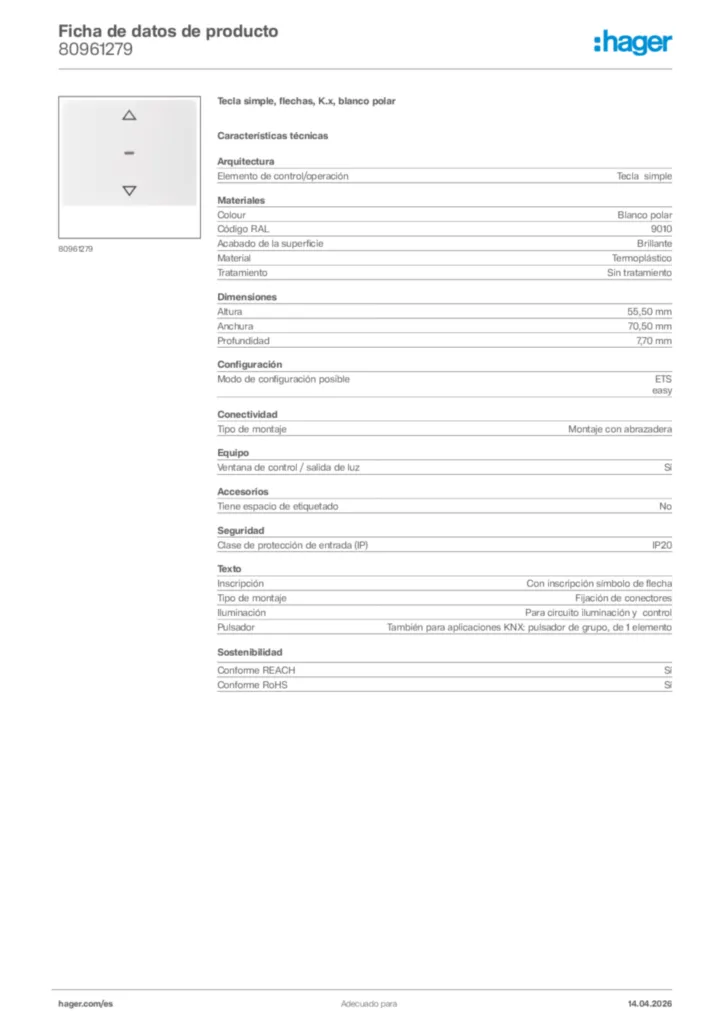 Imagen Hager Ficha de datos de producto 80961279 | Hager España