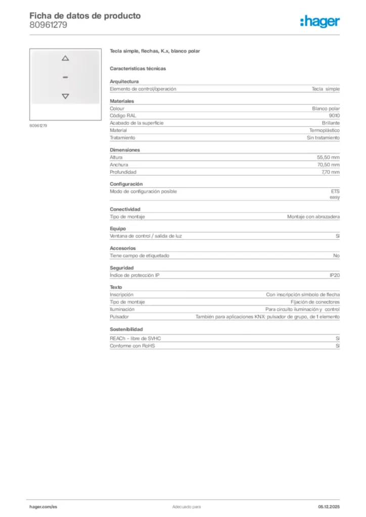 Imagen Hager Ficha de datos de producto 80961279 | Hager España