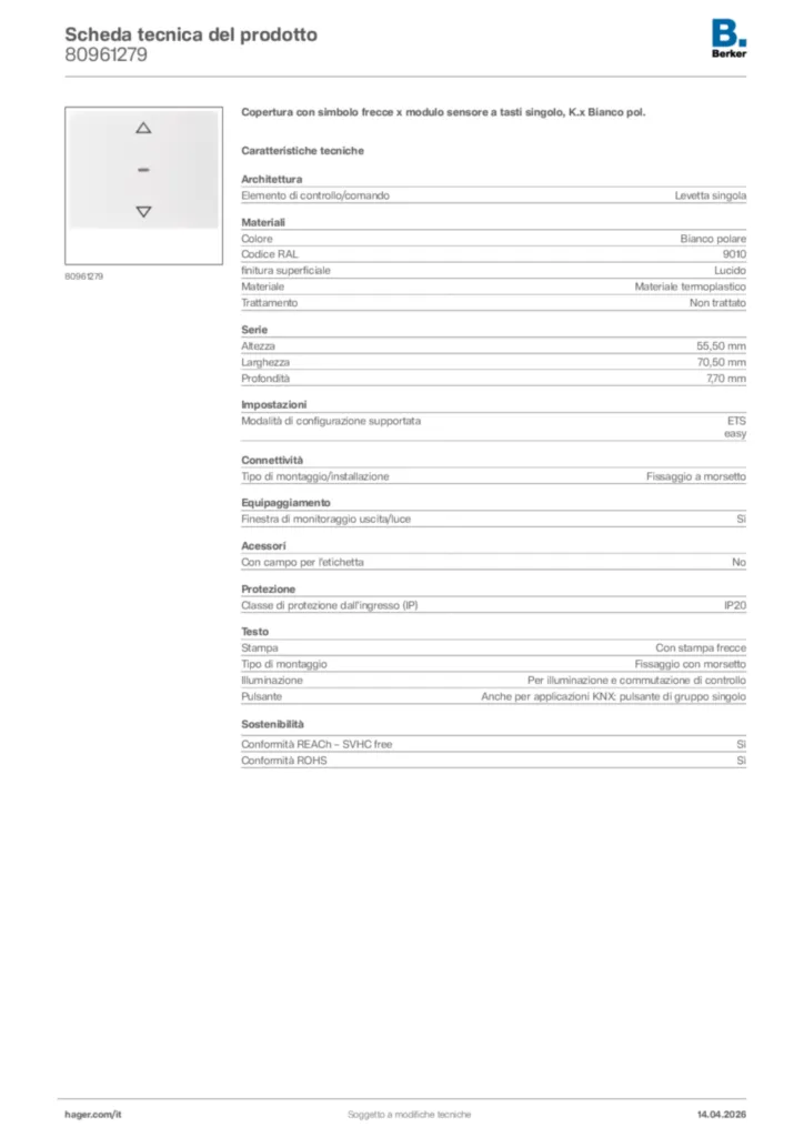 Immagine Berker Scheda tecnica del prodotto 80961279 | Hager Italia