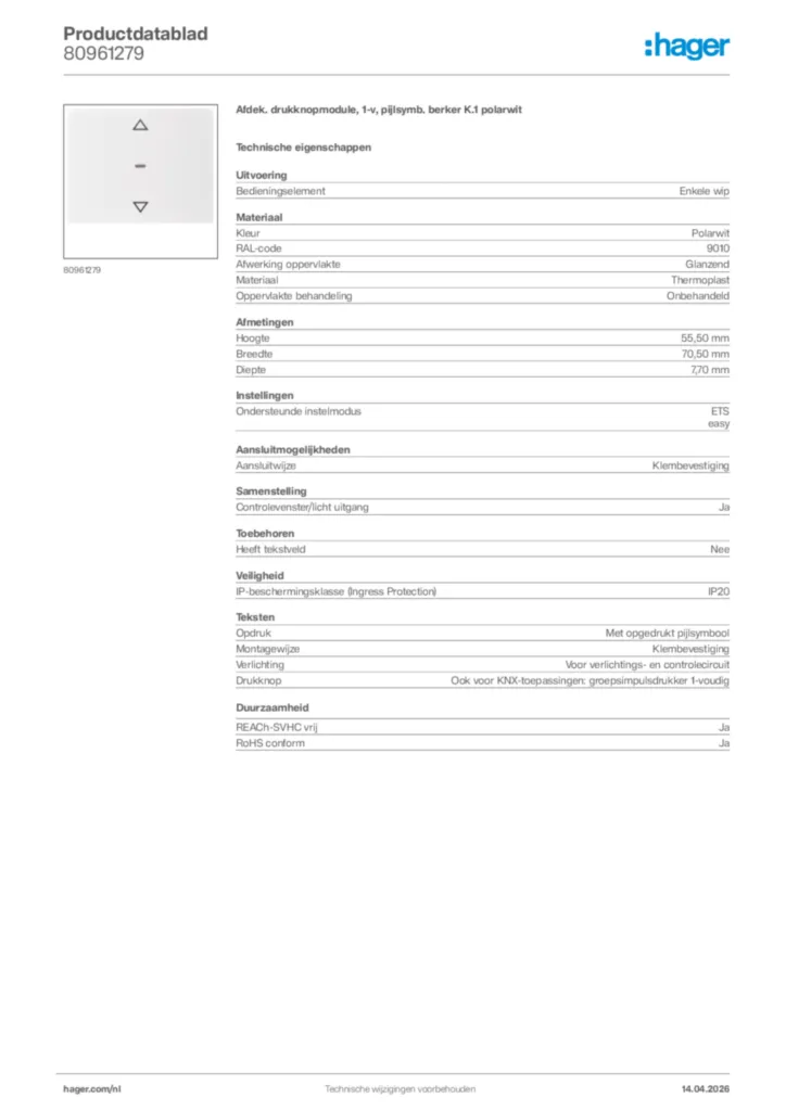 Afbeelding Hager Productdatablad 80961279 | Hager Nederland