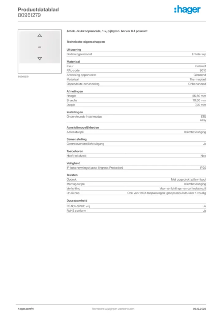 Afbeelding Hager Productdatablad 80961279 | Hager Nederland