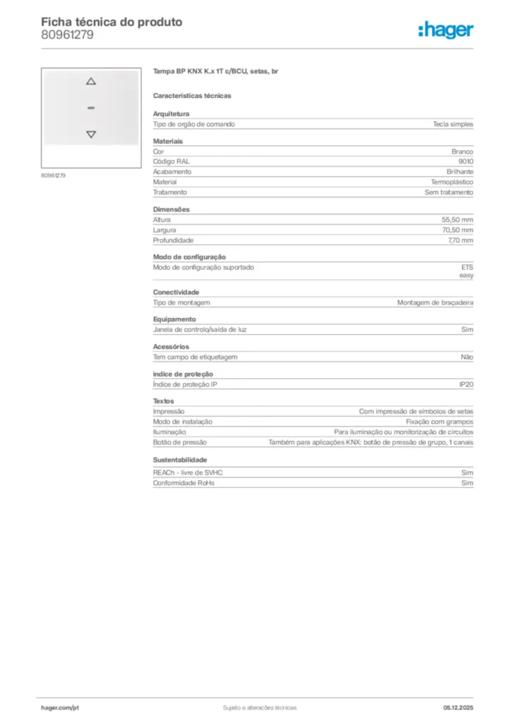 Imagem Hager Ficha técnica do produto 80961279 | Hager Portugal