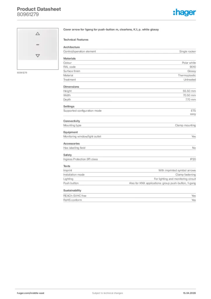 Image Hager Product data sheet 80961279  | Hager
