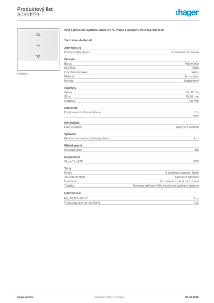 Obrázek Hager Product data sheet 80961279 | Hager
