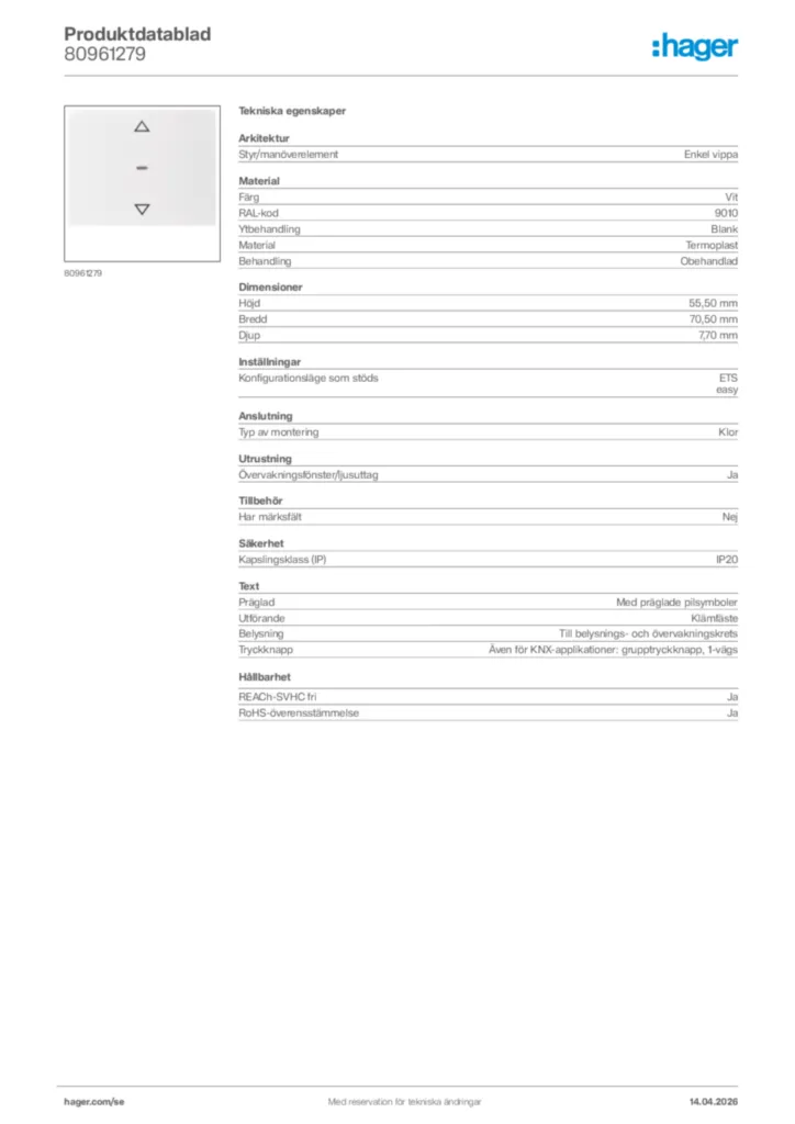 Bild Hager Produktdatablad 80961279 | Hager Sverige