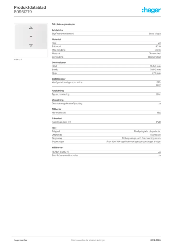 Bild Hager Produktdatablad 80961279 | Hager Sverige