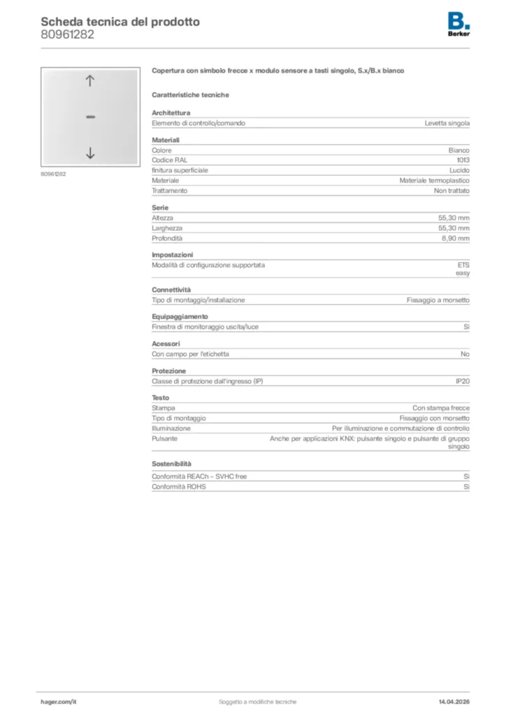 Immagine Berker Scheda tecnica del prodotto 80961282 | Hager Italia