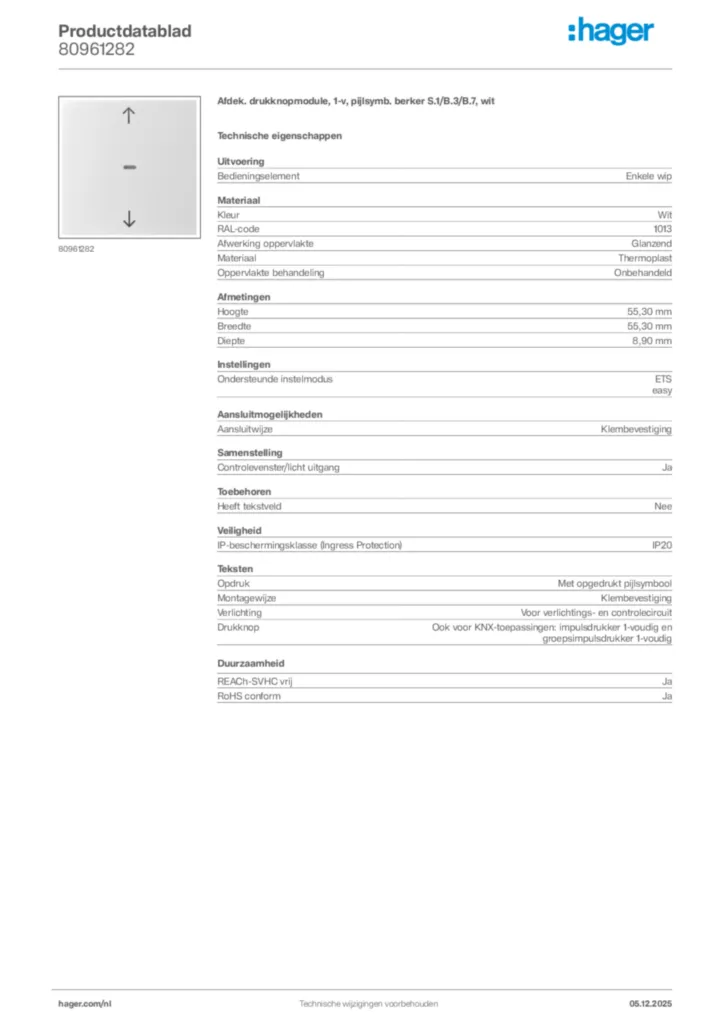 Afbeelding Hager Productdatablad 80961282 | Hager Nederland