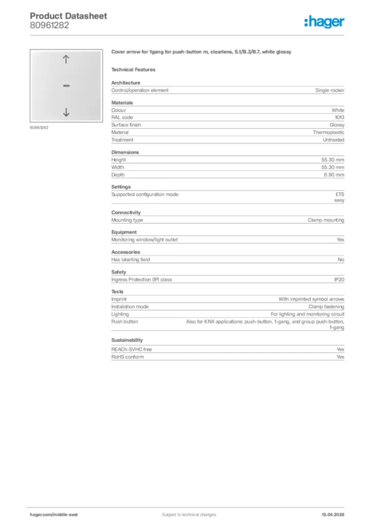 Image Hager Product data sheet 80961282  | Hager