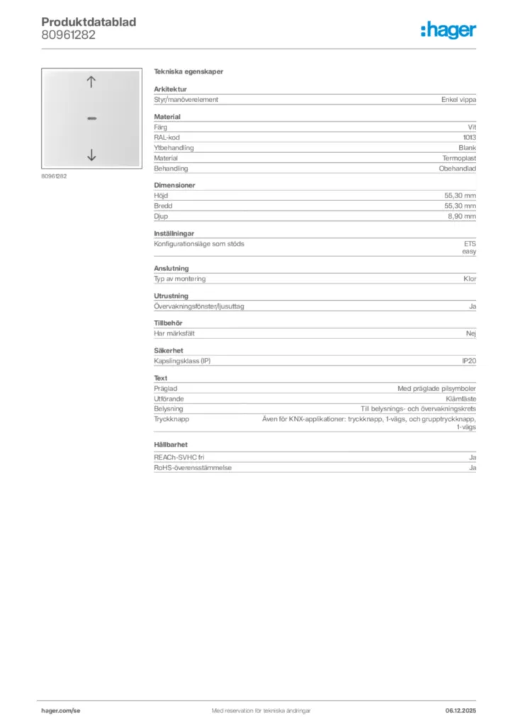 Bild Hager Produktdatablad 80961282 | Hager Sverige