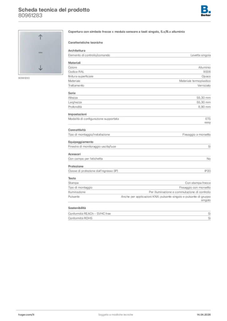 Immagine Berker Scheda tecnica del prodotto 80961283 | Hager Italia