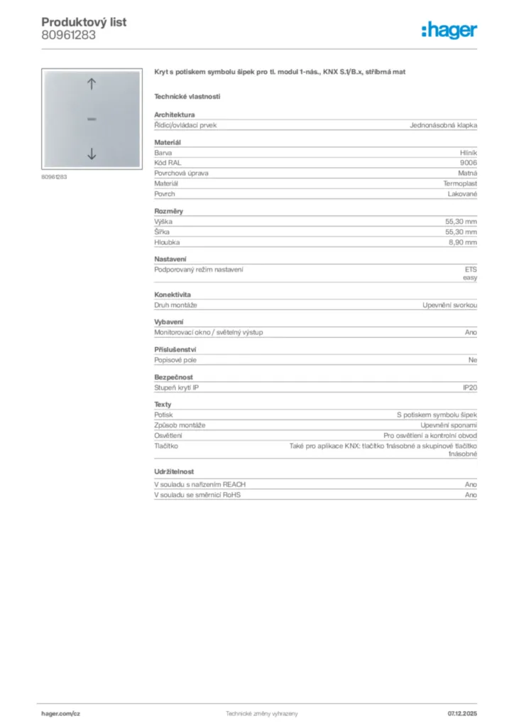 Obrázek Hager Product data sheet 80961283 | Hager