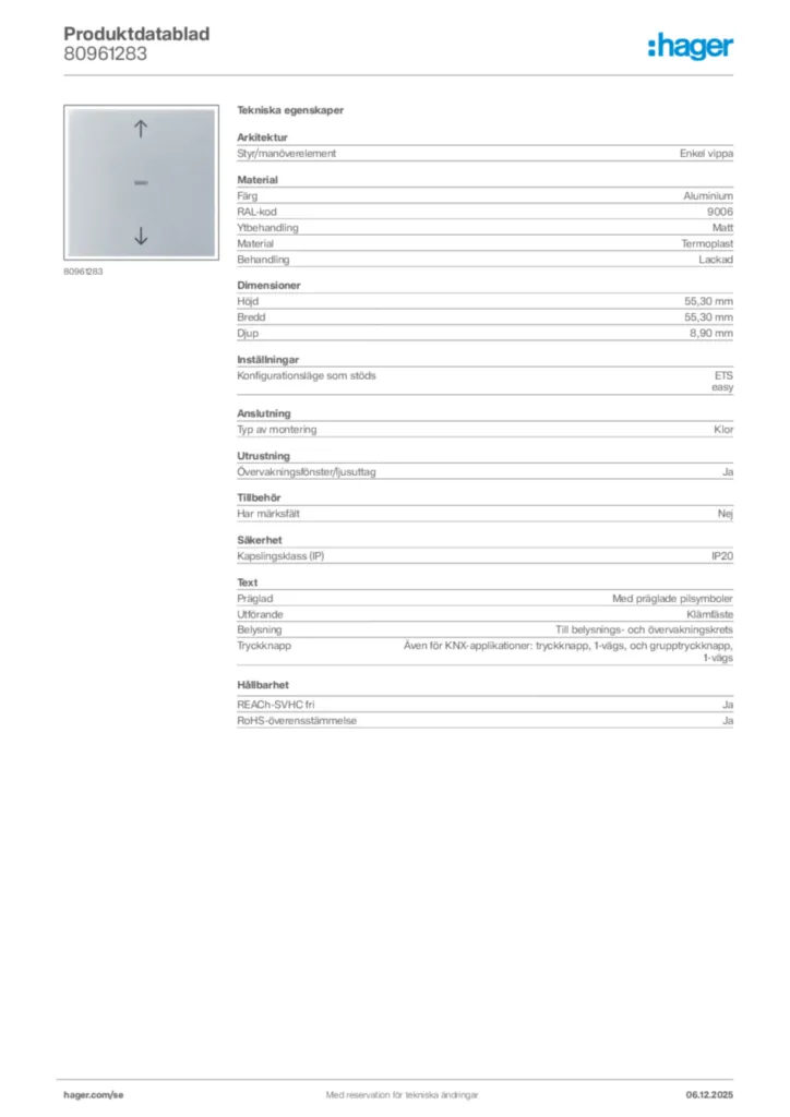 Bild Hager Produktdatablad 80961283 | Hager Sverige