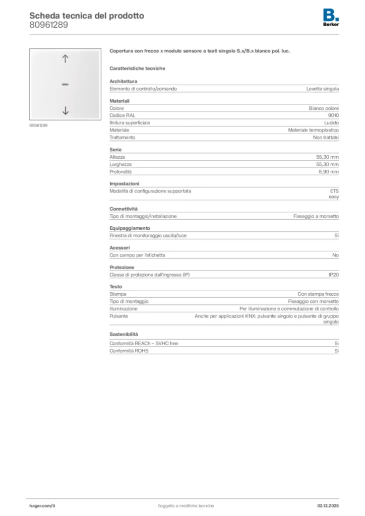 Immagine Berker Scheda tecnica del prodotto 80961289 | Hager Italia