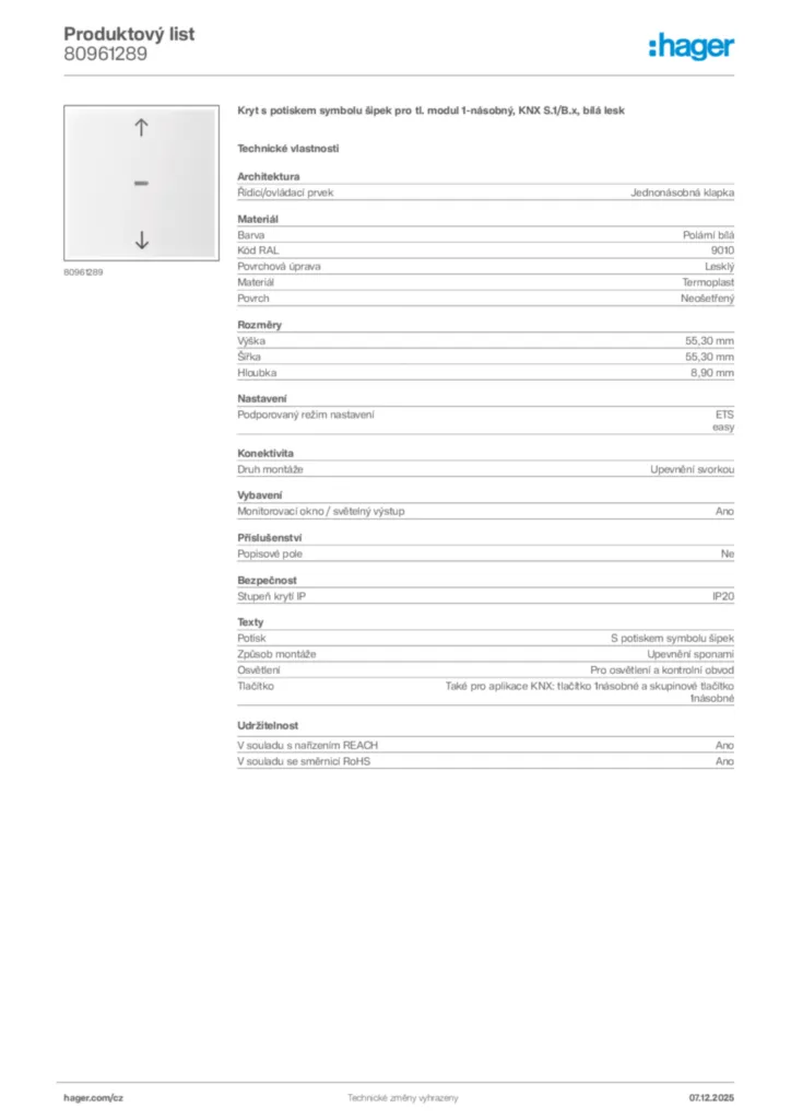 Obrázek Hager Product data sheet 80961289 | Hager