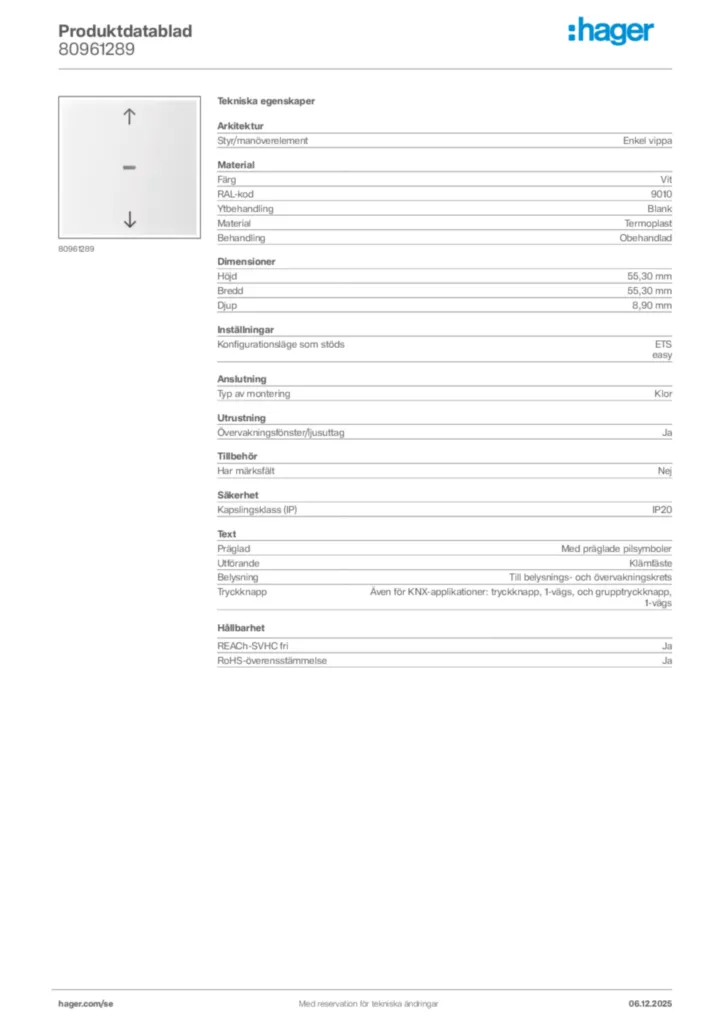 Bild Hager Produktdatablad 80961289 | Hager Sverige