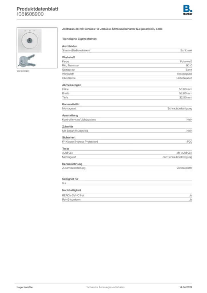 Bild Berker Produktdatenblatt 1081608900 | Hager Deutschland