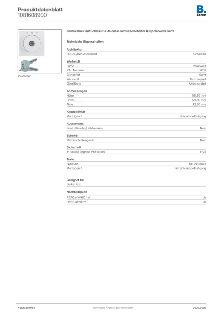 Bild Berker Produktdatenblatt 1081608900 | Hager Deutschland