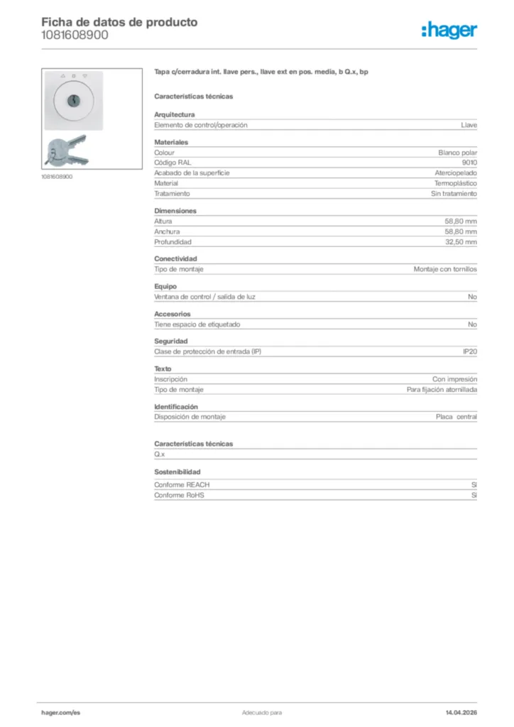 Imagen Hager Ficha de datos de producto 1081608900 | Hager España