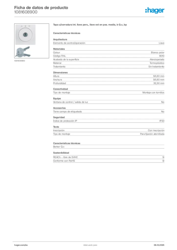 Imagen Hager Ficha de datos de producto 1081608900 | Hager España