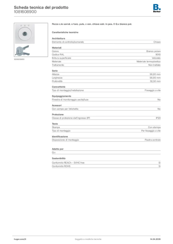 Immagine Berker Scheda tecnica del prodotto 1081608900 | Hager Italia