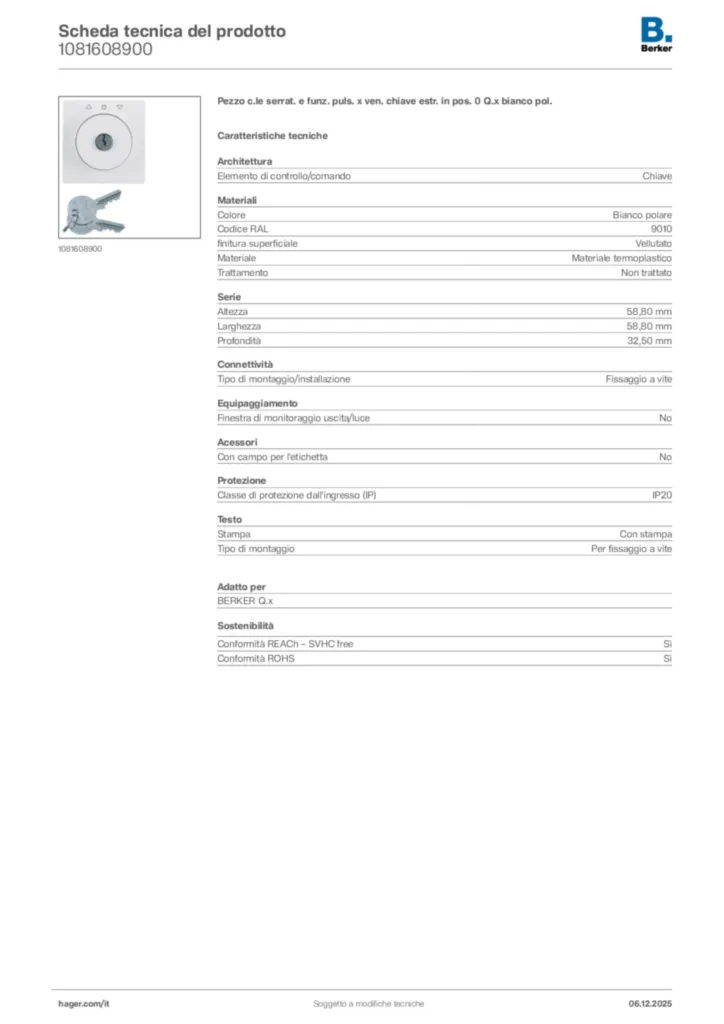 Immagine Berker Scheda tecnica del prodotto 1081608900 | Hager Italia