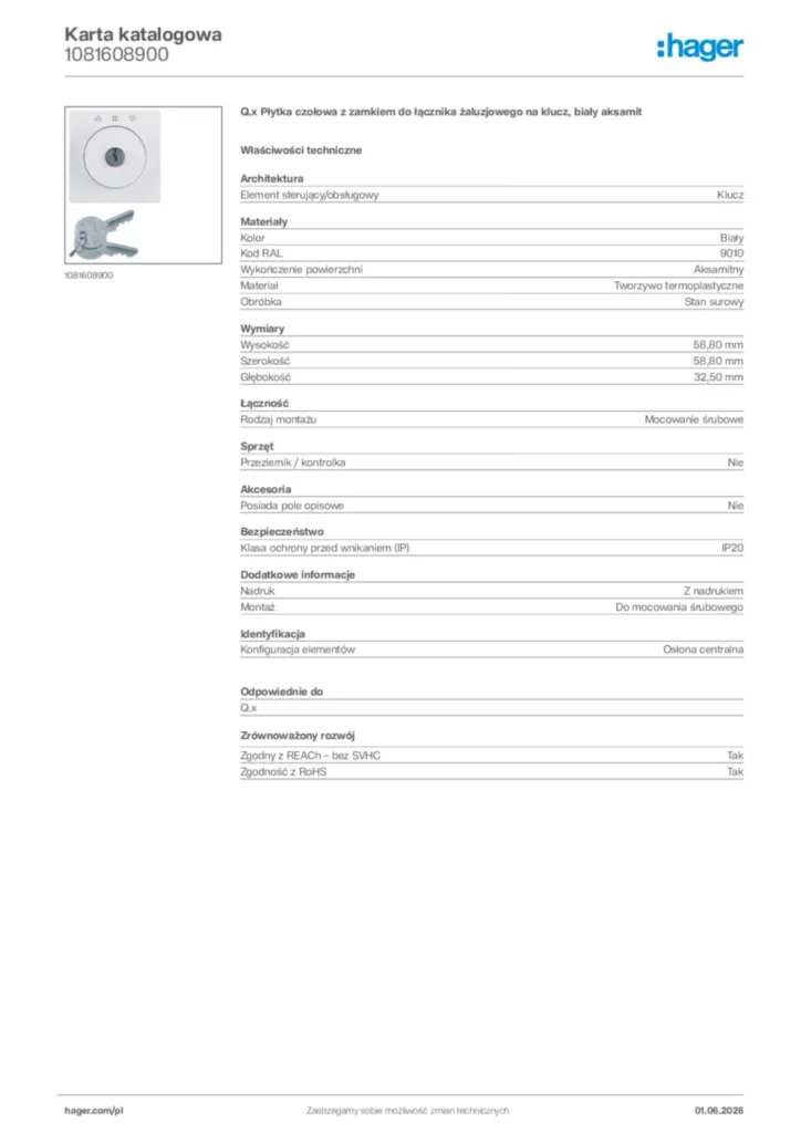 Zdjęcie Hager Karta katalogowa 1081608900 | Hager Polska
